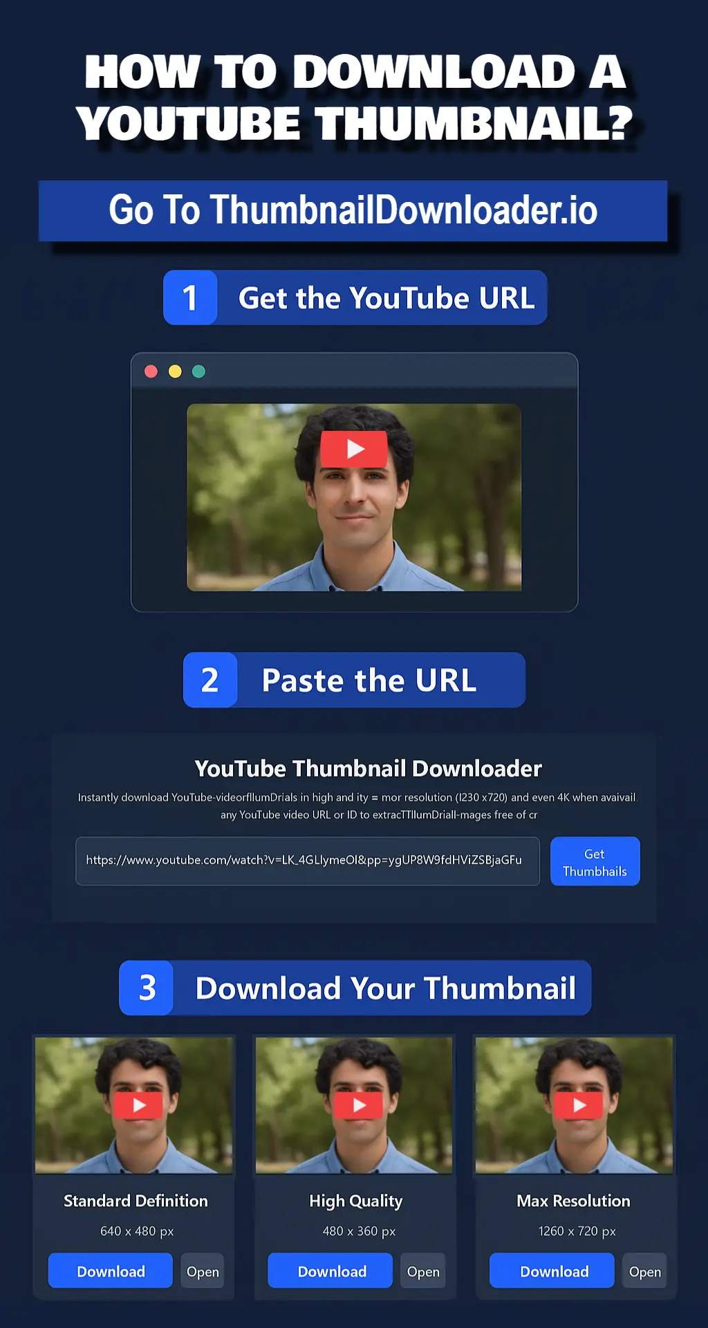 Infographic showing how to download a YouTube thumbnail in 3 steps